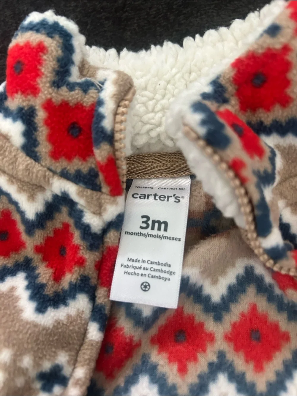 Infant Fair Isle Zip Front Fleece Vest - Beige, Red & Blue